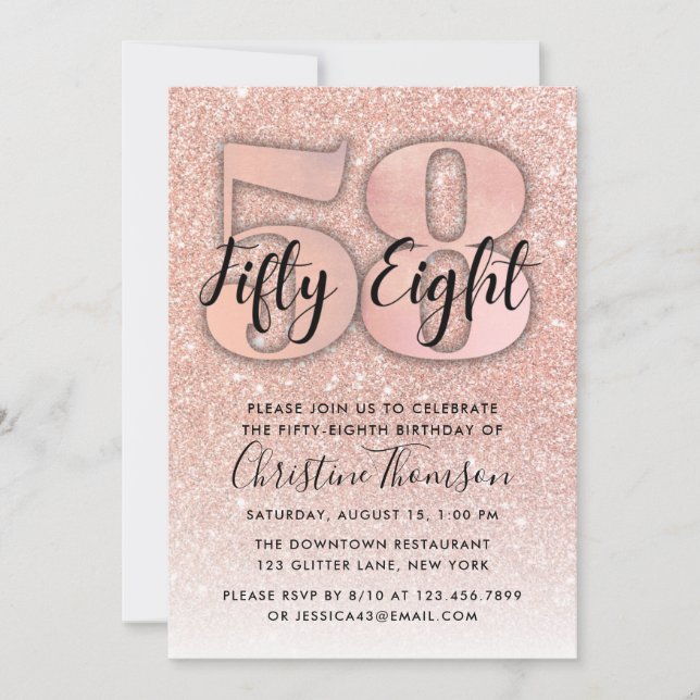 Rose Gold Glitzer 58. Geburtstag Einladung (Vorderseite)