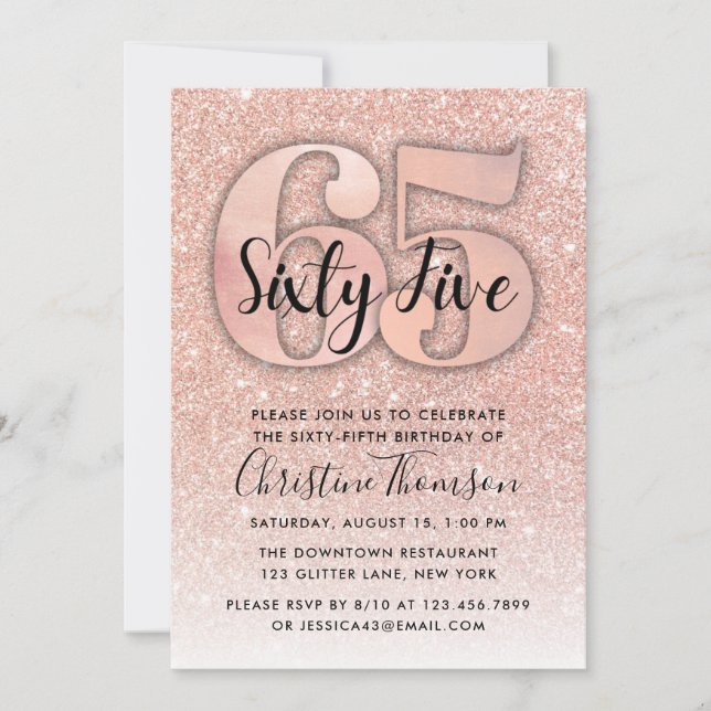 Rose Gold Glitzer 65. Geburtstag Einladung (Vorderseite)