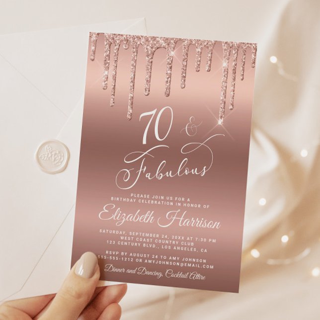 Rose Gold Glitzer 70. Geburtstagsparty Einladung (Celebrate her 70 years of sparkle with an elegant rose gold glitter birthday party invitation)