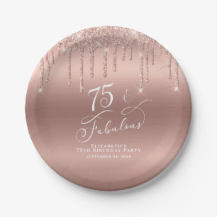 Rose Gold Glitzer 75. Geburtstagsparty Pappteller