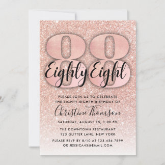 Rose Gold Glitzer 88. Geburtstag Einladung