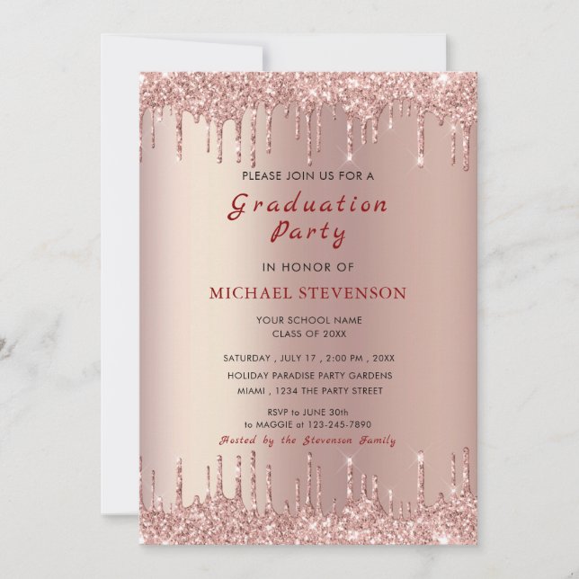 Rose Gold Glitzer Abschluss Einladung Vorlage (Vorderseite)