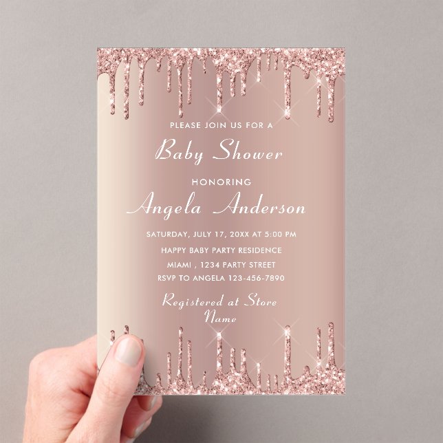 Rose Gold Glitzer Acryl Baby Dusche Einladung (Insitu (Handheld))