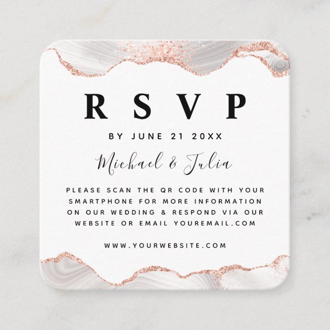 Rose Gold Glitzer Agate Glam QR Code Wedding RSVP Begleitkarte (Vorderseite)