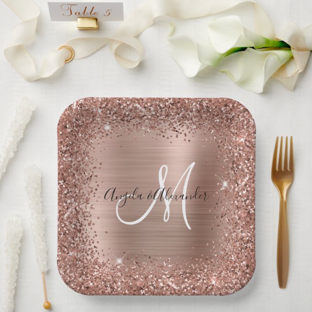 Rose Gold Glitzer and Foil Wedding Mit Monogramm Pappteller (Hochzeit)
