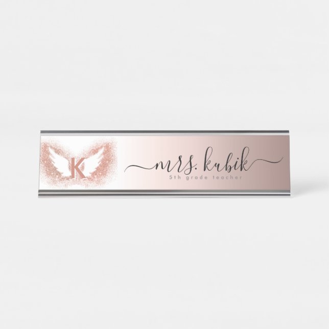 Rose Gold Glitzer Angel Wings Schreibtisch Namensp Schreibtischnamensplakette (Vorderseite )