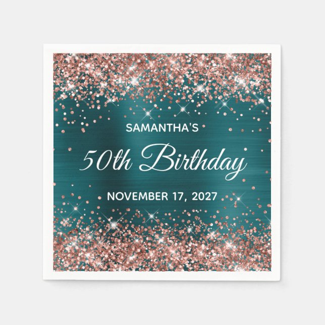 Rose Gold Glitzer Aquamarin Blue 50. Geburtstag Serviette (Vorderseite)