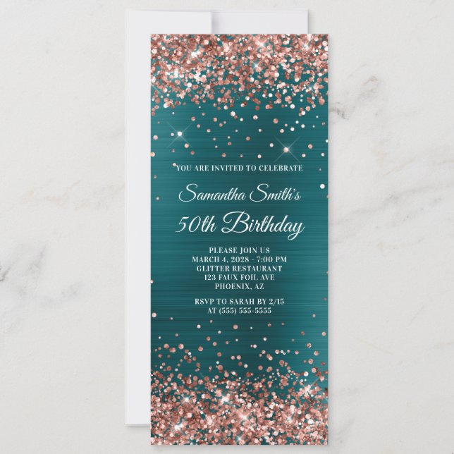 Rose Gold Glitzer Aquamarin Blue Foil 50. Geburtst Einladung (Vorderseite)
