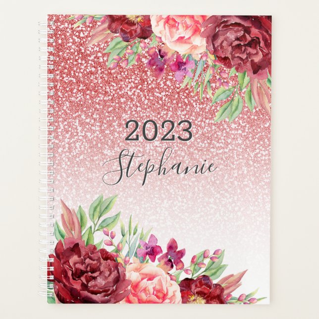 Rose Gold Glitzer Aquarell Personalisiert Planer (Vorderseite)