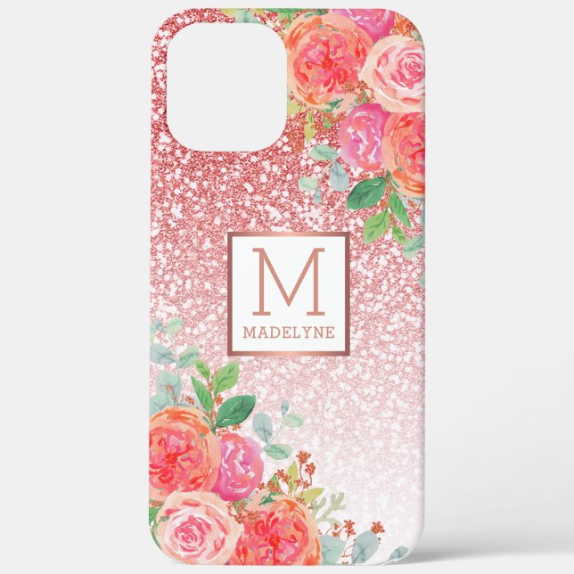Rose Gold Glitzer Aquarellfarben Monogramm Name Case-Mate iPhone Hülle (Rückseite)