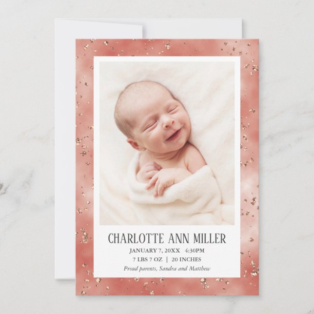 Rose Gold Glitzer Baby Birth Announccard Ankündigung (Vorderseite)