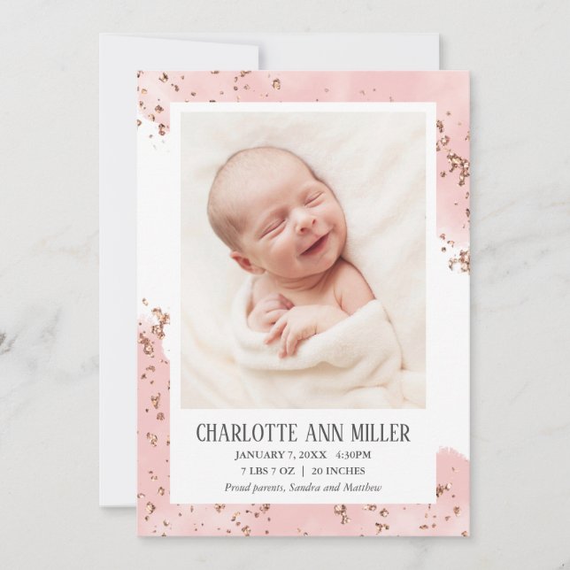 Rose Gold Glitzer Baby Birth Announccard Ankündigung (Vorderseite)