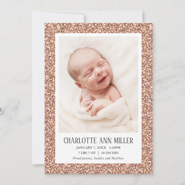 Rose Gold Glitzer Baby Birth Announccard Ankündigung (Vorderseite)
