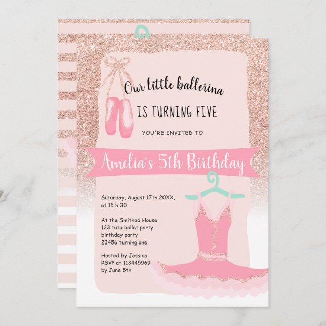 Rose Gold Glitzer Ballerina tutu 5. Geburtstag Einladung (Vorne/Hinten)