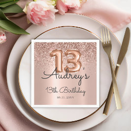 Rose Gold Glitzer Ballon 13. Geburtstagsmonogramm Serviette