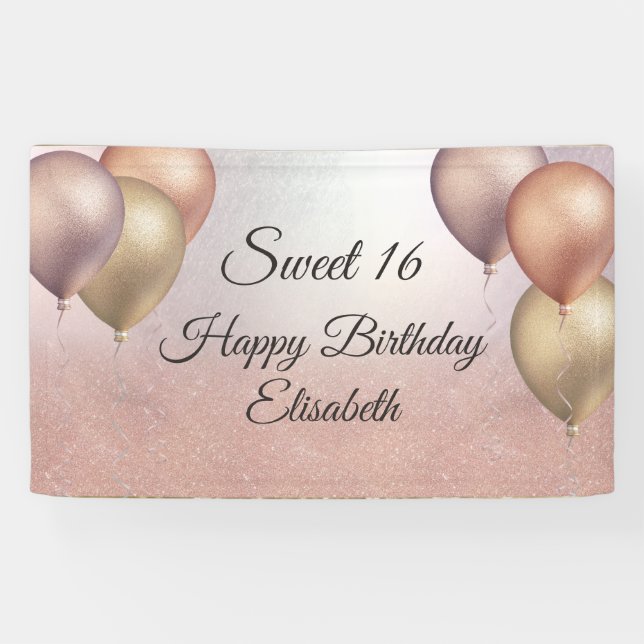 Rose Gold Glitzer Ballon süß 16 Party Banner (Horizontal)