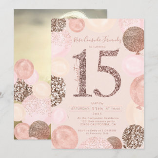 Rose Gold Glitzer Ballons rot Quinceanera Foto Einladung