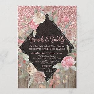 Rose Gold Glitzer Barn Wood Floral Brunch & Bubble Einladung