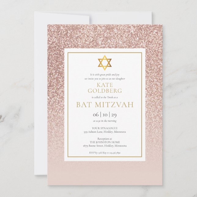 Rose Gold Glitzer Bat Mitzvah Einladung (Vorderseite)