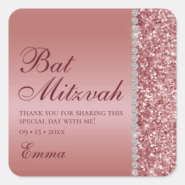 Rose Gold Glitzer Bat Mitzvah Quadratischer Aufkleber (Vorderseite)