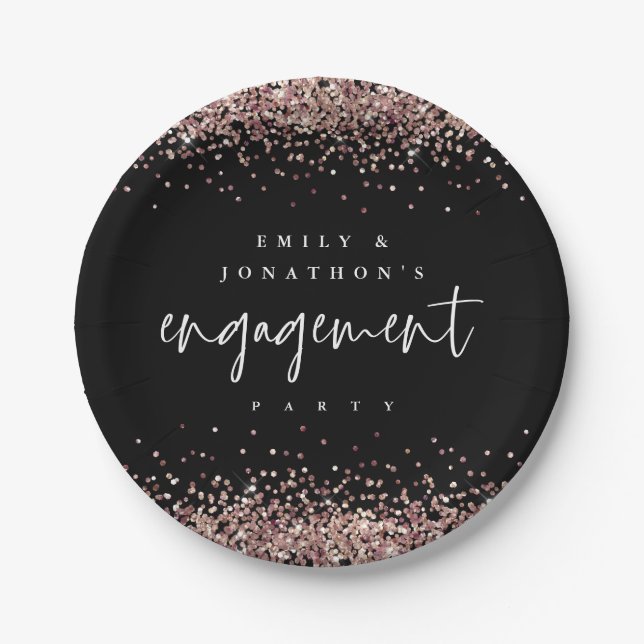 Rose Gold Glitzer benennt Engagement Party Black Pappteller (Vorderseite)