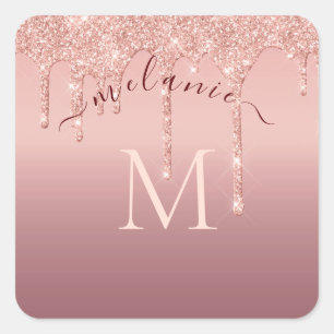 Rose Gold Glitzer Benutzerdefiniert Briefnamenstic Quadratischer Aufkleber