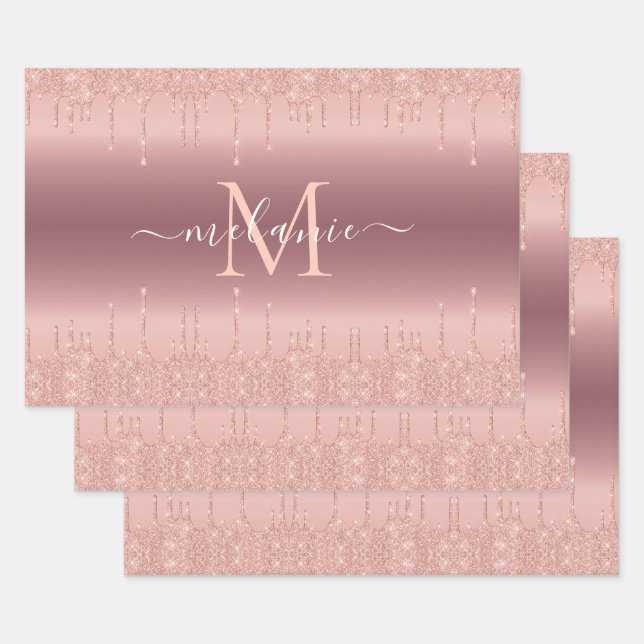 Rose Gold Glitzer Benutzerdefiniert Ihr Letter Nam Geschenkpapier Set (Set)