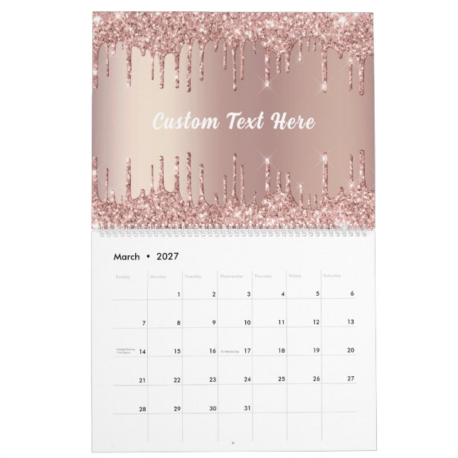 Rose Gold Glitzer Benutzerdefinierter Textkalender Kalender (Mär 2027)