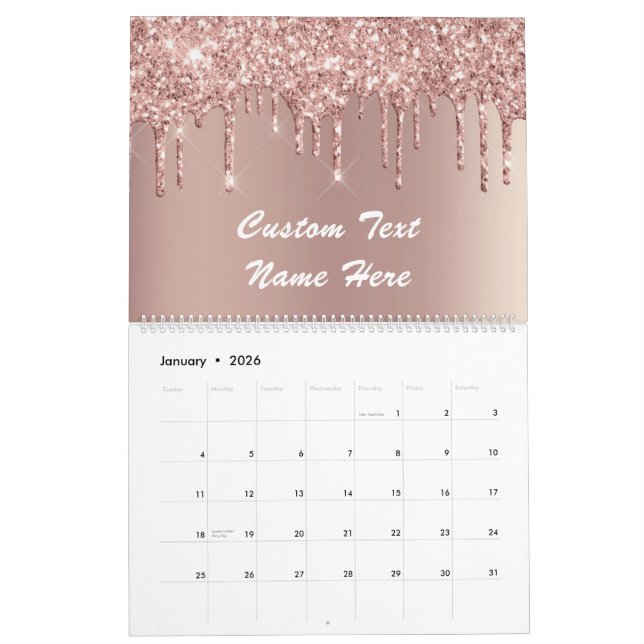 Rose Gold Glitzer Benutzerdefinierter Textnamenkal Kalender (Jan 2026)