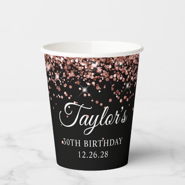 Rose Gold Glitzer Black 30. Geburtstag Pappbecher (Links)