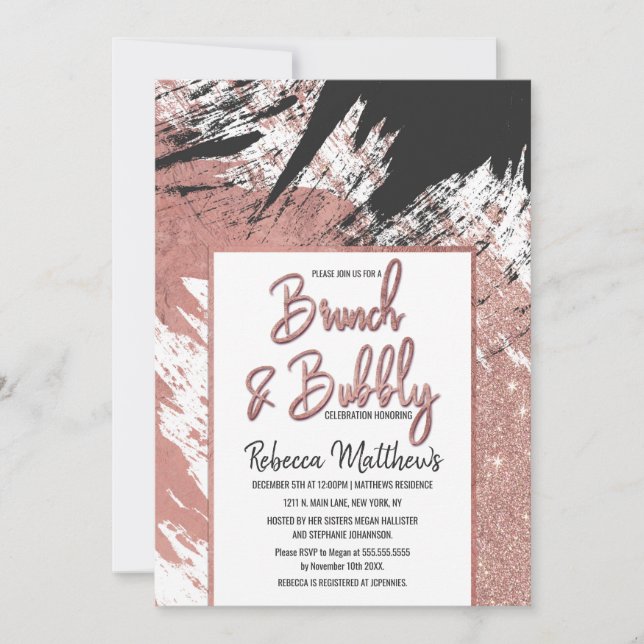 Rose Gold Glitzer Black Brushstroke Brunch Bubbly Einladung (Vorderseite)