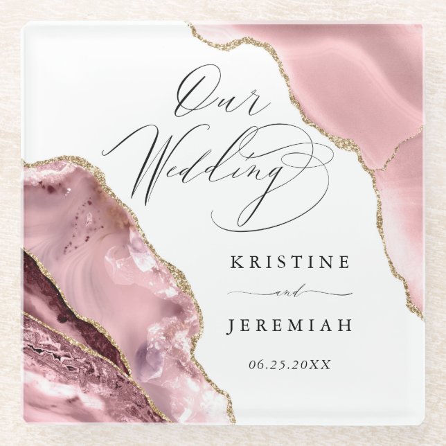 Rose Gold Glitzer Black Script Luxury Hochzeit Glasuntersetzer (Vorderseite)