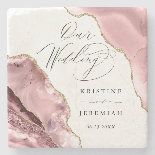 Rose Gold Glitzer Black Script Luxury Hochzeit Steinuntersetzer (Vorderseite)