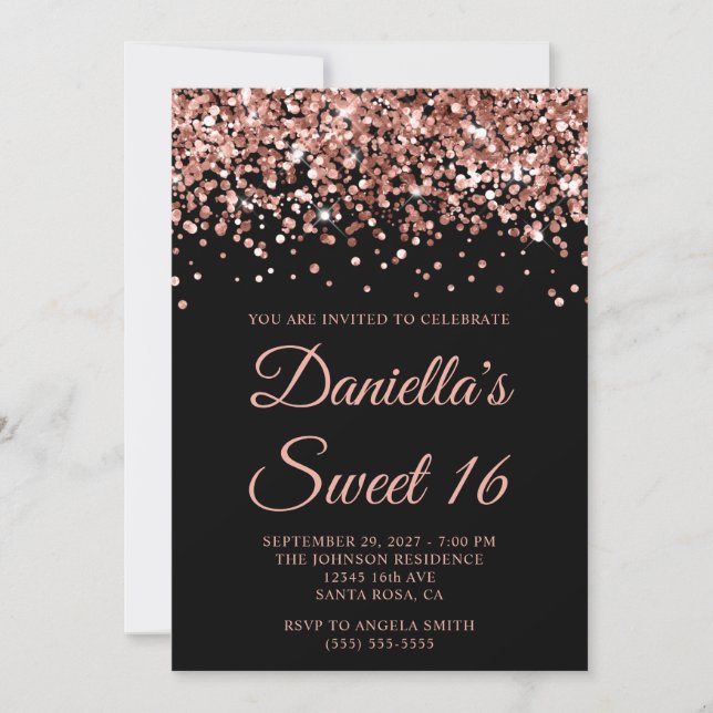 Rose Gold Glitzer Black Sweet 16 Einladung (Vorderseite)
