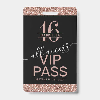 Rose Gold Glitzer Black Sweet 16 Einladung VIP Ausweis