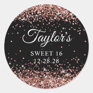 Rose Gold Glitzer Black Sweet 16 Runder Aufkleber