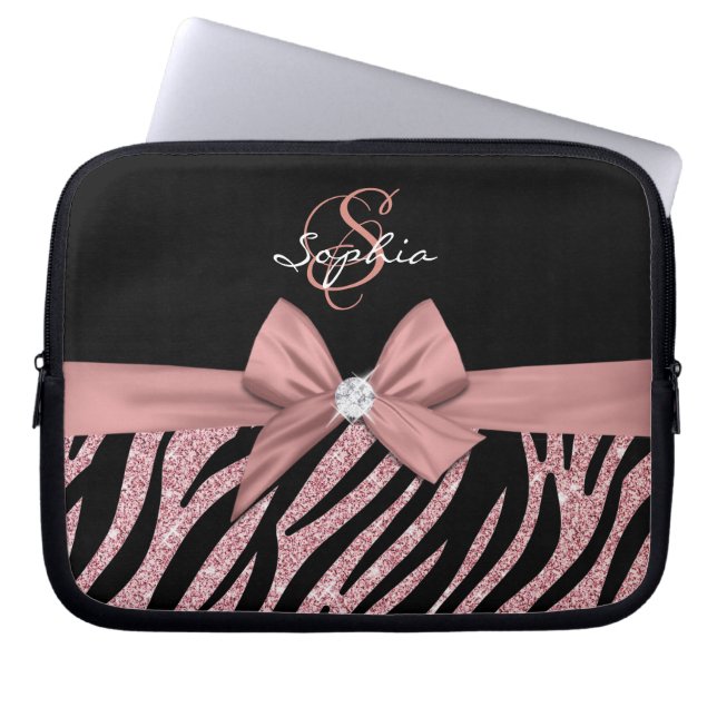 Rose Gold Glitzer Black Zebra Streifen Bow Monogra Laptopschutzhülle (Vorderseite)