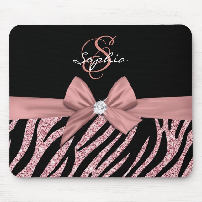 Rose Gold Glitzer Black Zebra Streifen Bow Monogra Mousepad (Vorne)