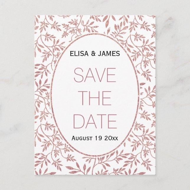 Rose Gold Glitzer Blätter Hochzeit Save the Date Ankündigungspostkarte (Vorderseite)