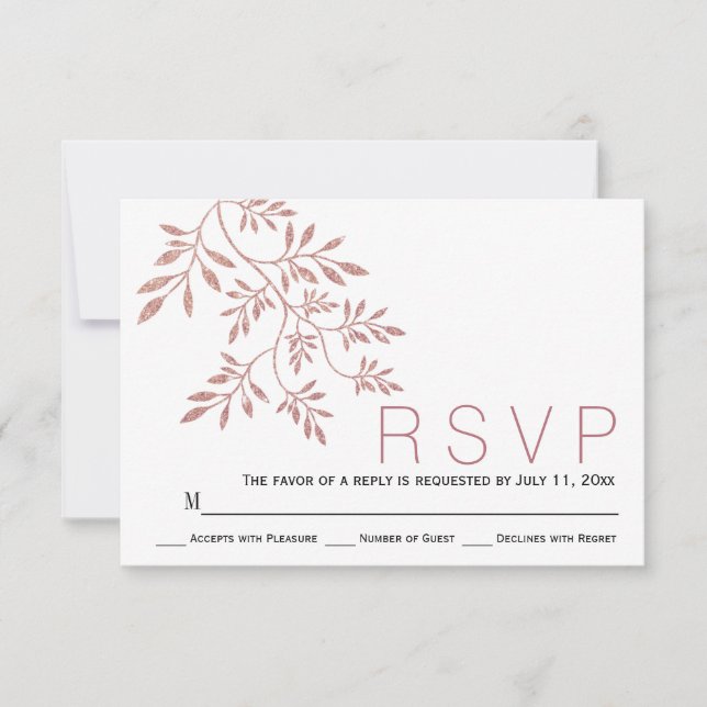 Rose gold Glitzer Blätter moderne Hochzeit RSVP Karte (Vorderseite)