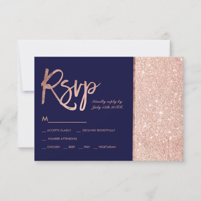 Rose Gold Glitzer Block Marine blaue uAwg Hochzeit RSVP Karte (Vorderseite)
