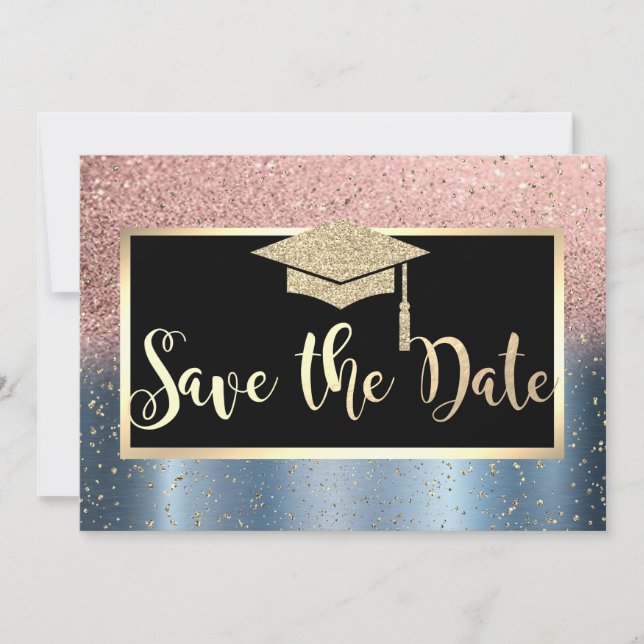 Rose Gold Glitzer Blue Abschluss Save the Date (Vorderseite)