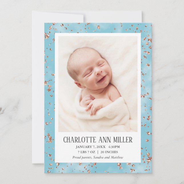 Rose Gold Glitzer Blue Birth Announccard Ankündigung (Vorderseite)