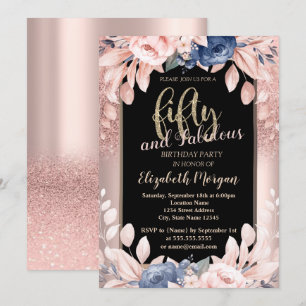 Rose Gold Glitzer Blue Blumen 50. Geburtstagsparty Einladung