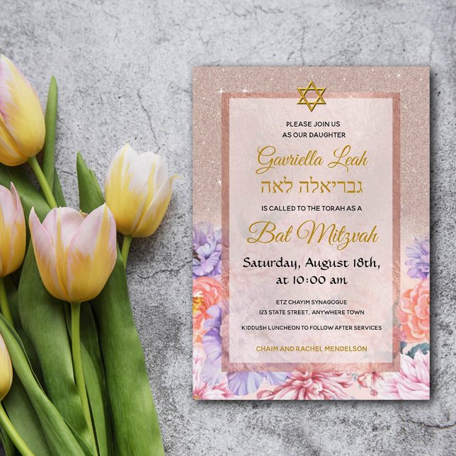 Rose Gold Glitzer Blume Star Jüdische Bat Mitzvah Einladung (Von Creator hochgeladen)