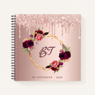 Rose Gold Glitzer Blumenburgund Monogramm Notizbuch