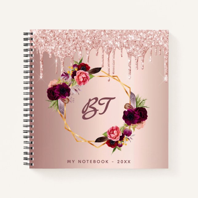 Rose Gold Glitzer Blumenburgund Monogramm Notizbuch (Vorderseite)