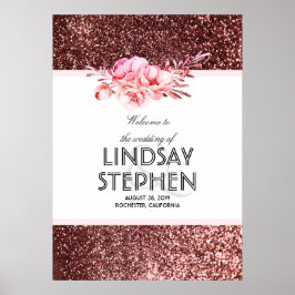 Rose Gold Glitzer Blumenzitter Hochzeit Willkommen Poster