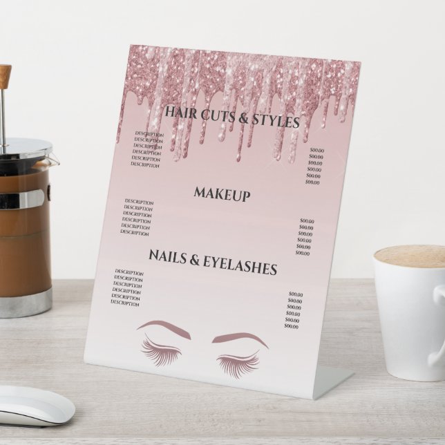 Rose Gold Glitzer Blush Hair Makeup Salon Preis Pe Sockelschild (In SItu)