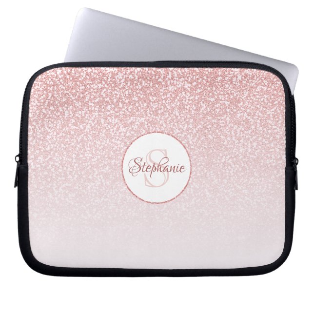 Rose Gold Glitzer Blush Ombre Round Monogram Laptopschutzhülle (Vorderseite)
